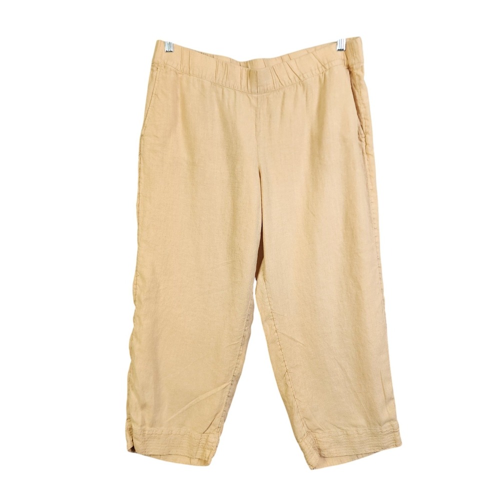 J Jill Pure Jill Womens Garment Dyed Cropped Linen Pants Size Large Tan Pull On